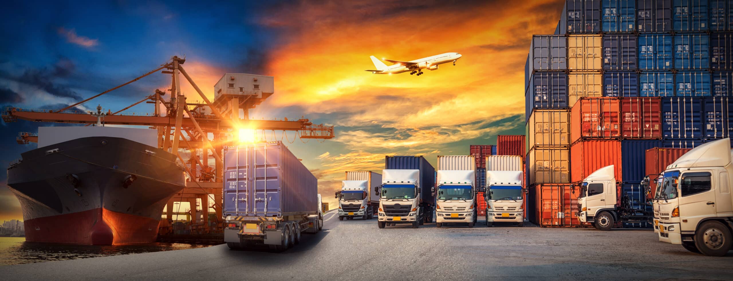 A loading dock with a container ship, several semi-trucks, a flying plane, and stacks of multi-colored shipping containers.