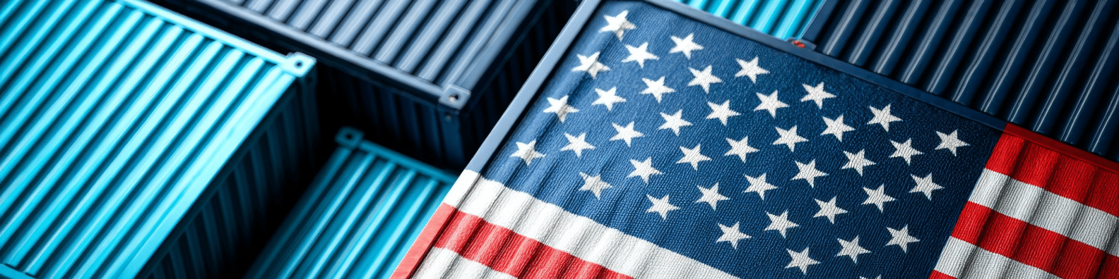 Landscape Banner for Blog Posts-1-freight-securement-made-in-the-usa An intermodal cargo container with the USA Flag on it standing out surrounded by blue intermodal cargo containers